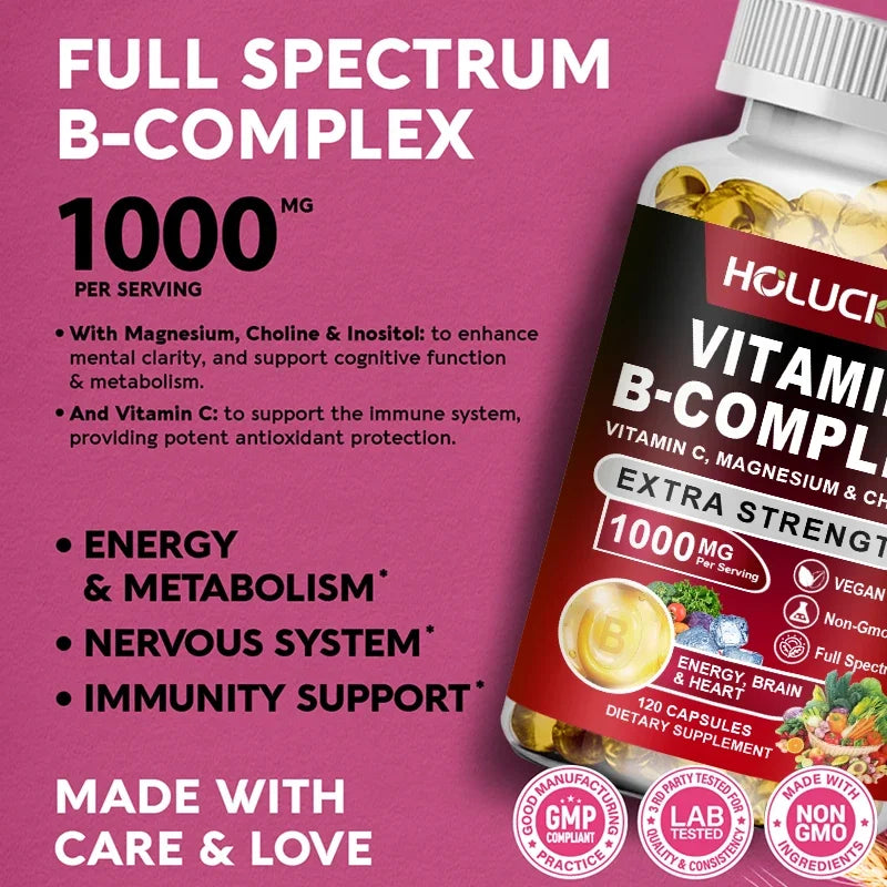 Vitamin B Complex Supplement - (B1, B2, B3, B5, B6, B7, B8, B9, B12 Folic Acid&Biotin) with Vitamin C, Inositol - Energy Healthy American Fitness CLub