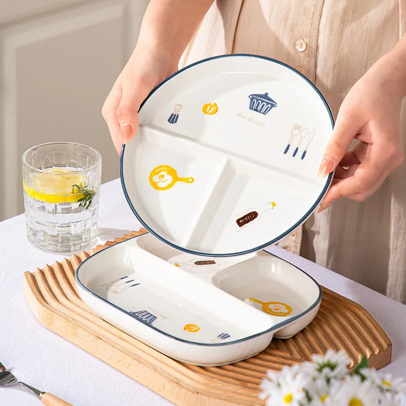 Breakfast Western Noodle Plate Household Three Grid Quantitative Weight Loss Plate Children's 3-grid ceramic meals plates American Fitness CLub