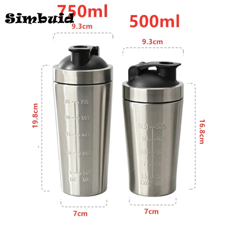 500ML/750ML Stainless Steel Protein Powder Shaker Bottle with Steel Ball and Scale Leak Proof Gym Fitness Sport Whey Shakes Cup American Fitness CLub