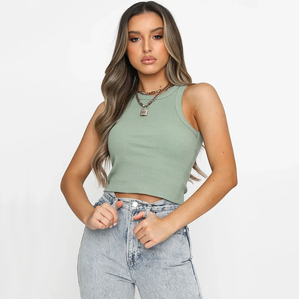 Tank Tops Sexy Crop Vest Solid Harajuku Korean Female Off Shoulder Knitted Khaki White Summer Women Tops American Fitness CLub