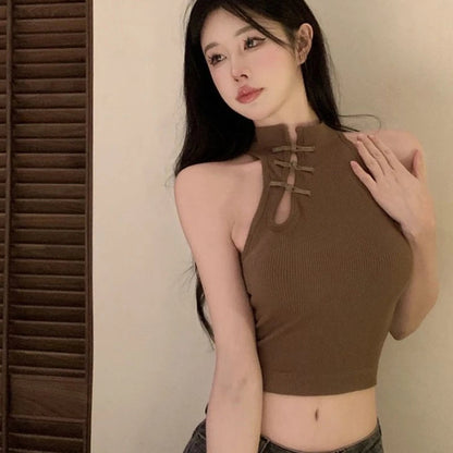 Tanks Tops Women Crop Chinese Style Sexy Slim Vintage Sleeveless Basics Pure Temper Топ Женский Designer Personal Streetwear Ins American Fitness CLub