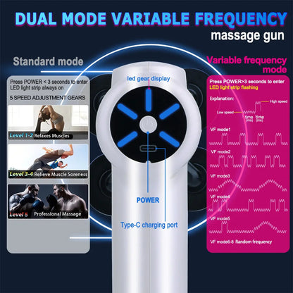 Massage Gun Variable Frequency 5 Levels Fascial gun Dual mode 4x Strike Massager head Massager Body Neck Back Leg Fitness Tool American Fitness CLub