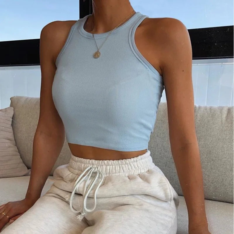Tank Tops Sexy Crop Vest Solid Harajuku Korean Female Off Shoulder Knitted Khaki White Summer Women Tops American Fitness CLub
