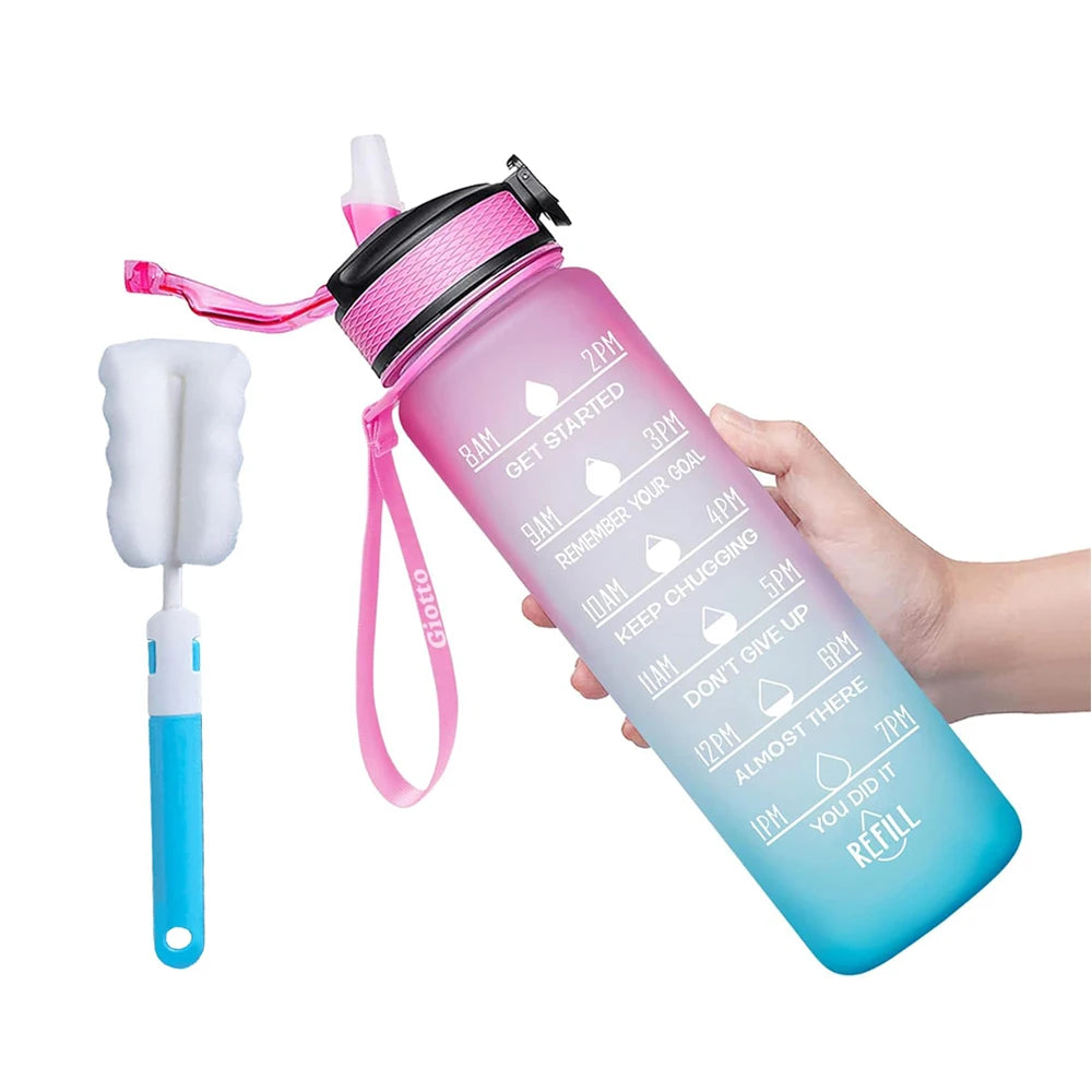 32 oz Drinking Water Bottle with Times to Drink and Straw, Motivational with Carrying Strap, Leakproof BPA & Toxic Free American Fitness CLub