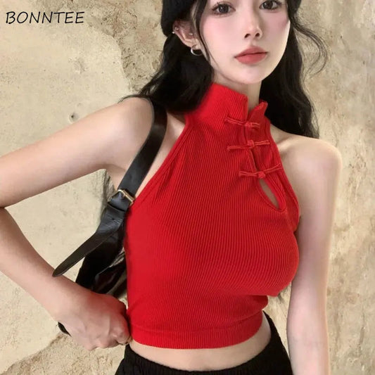 Tanks Tops Women Crop Chinese Style Sexy Slim Vintage Sleeveless Basics Pure Temper Топ Женский Designer Personal Streetwear Ins American Fitness CLub