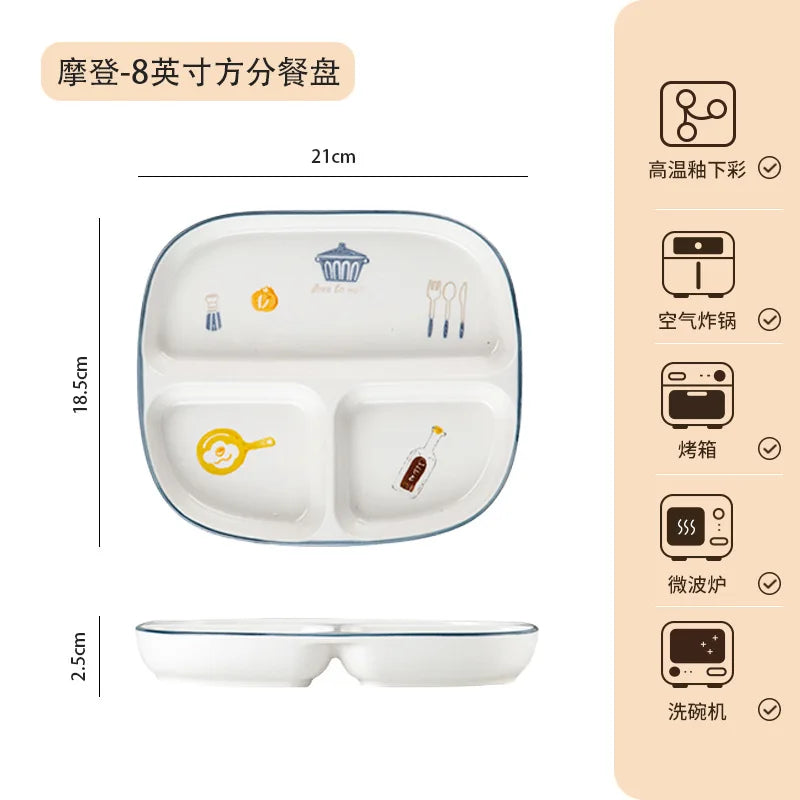 Breakfast Western Noodle Plate Household Three Grid Quantitative Weight Loss Plate Children's 3-grid ceramic meals plates American Fitness CLub