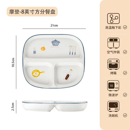 Breakfast Western Noodle Plate Household Three Grid Quantitative Weight Loss Plate Children's 3-grid ceramic meals plates American Fitness CLub