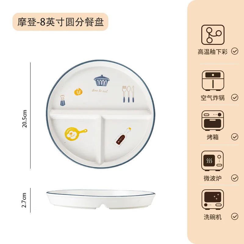 Breakfast Western Noodle Plate Household Three Grid Quantitative Weight Loss Plate Children's 3-grid ceramic meals plates American Fitness CLub