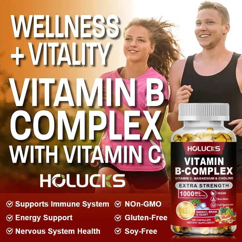 Vitamin B Complex Supplement - (B1, B2, B3, B5, B6, B7, B8, B9, B12 Folic Acid&Biotin) with Vitamin C, Inositol - Energy Healthy American Fitness CLub