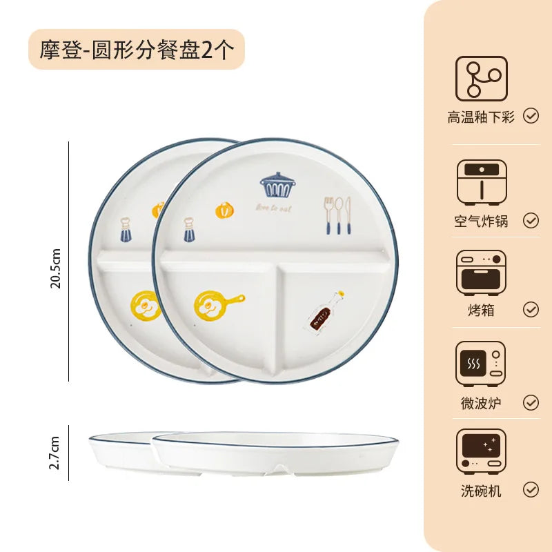 Breakfast Western Noodle Plate Household Three Grid Quantitative Weight Loss Plate Children's 3-grid ceramic meals plates American Fitness CLub