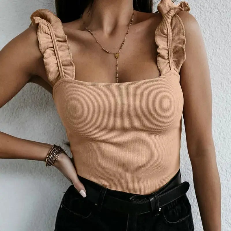 Tank Tops Women Square Collar Solid Knit Casual Basic Summer Ribbed Slim Ruffles American Fitness CLub