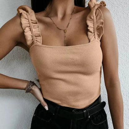 Tank Tops Women Square Collar Solid Knit Casual Basic Summer Ribbed Slim Ruffles American Fitness CLub