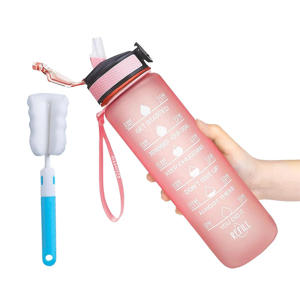 32 oz Drinking Water Bottle with Times to Drink and Straw, Motivational with Carrying Strap, Leakproof BPA & Toxic Free American Fitness CLub