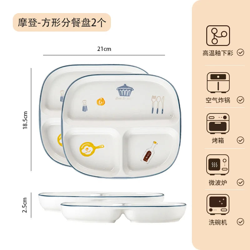 Breakfast Western Noodle Plate Household Three Grid Quantitative Weight Loss Plate Children's 3-grid ceramic meals plates American Fitness CLub