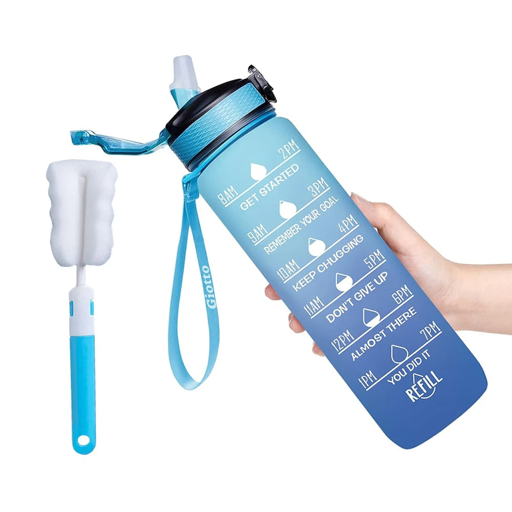 32 oz Drinking Water Bottle with Times to Drink and Straw, Motivational with Carrying Strap, Leakproof BPA & Toxic Free American Fitness CLub